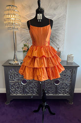Orange Ruffled A Line Homecoming Dresses Short Corset Cocktail Dresses With Bow