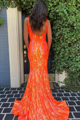 Orange Sequined V-Neck Mermaid Long Prom Dress
