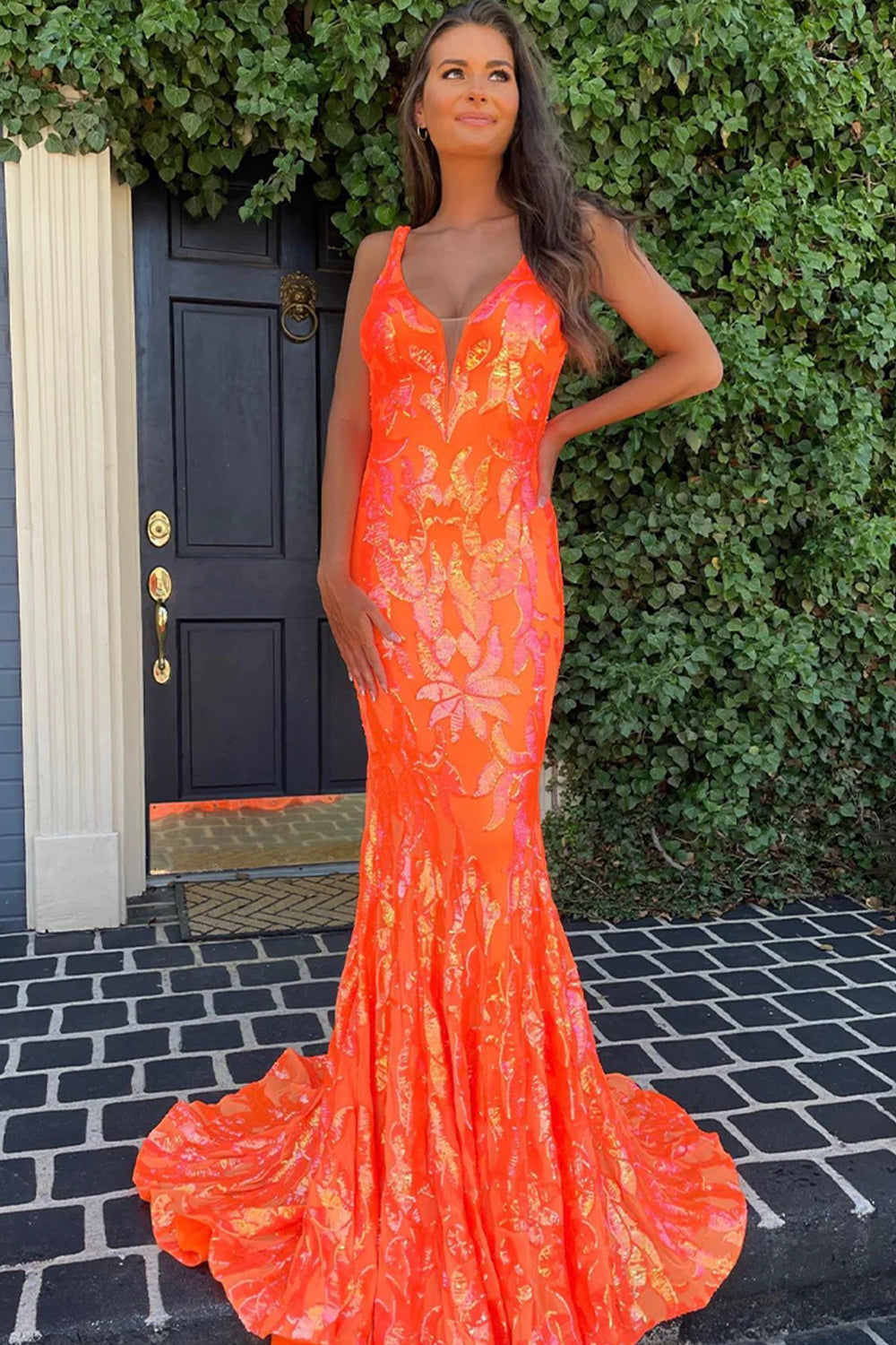Orange Sequined V-Neck Mermaid Long Prom Dress