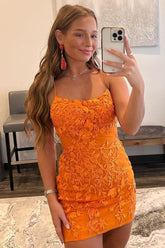 Orange Sheath Spaghetti Straps Short Homecoming Dress with Appliques