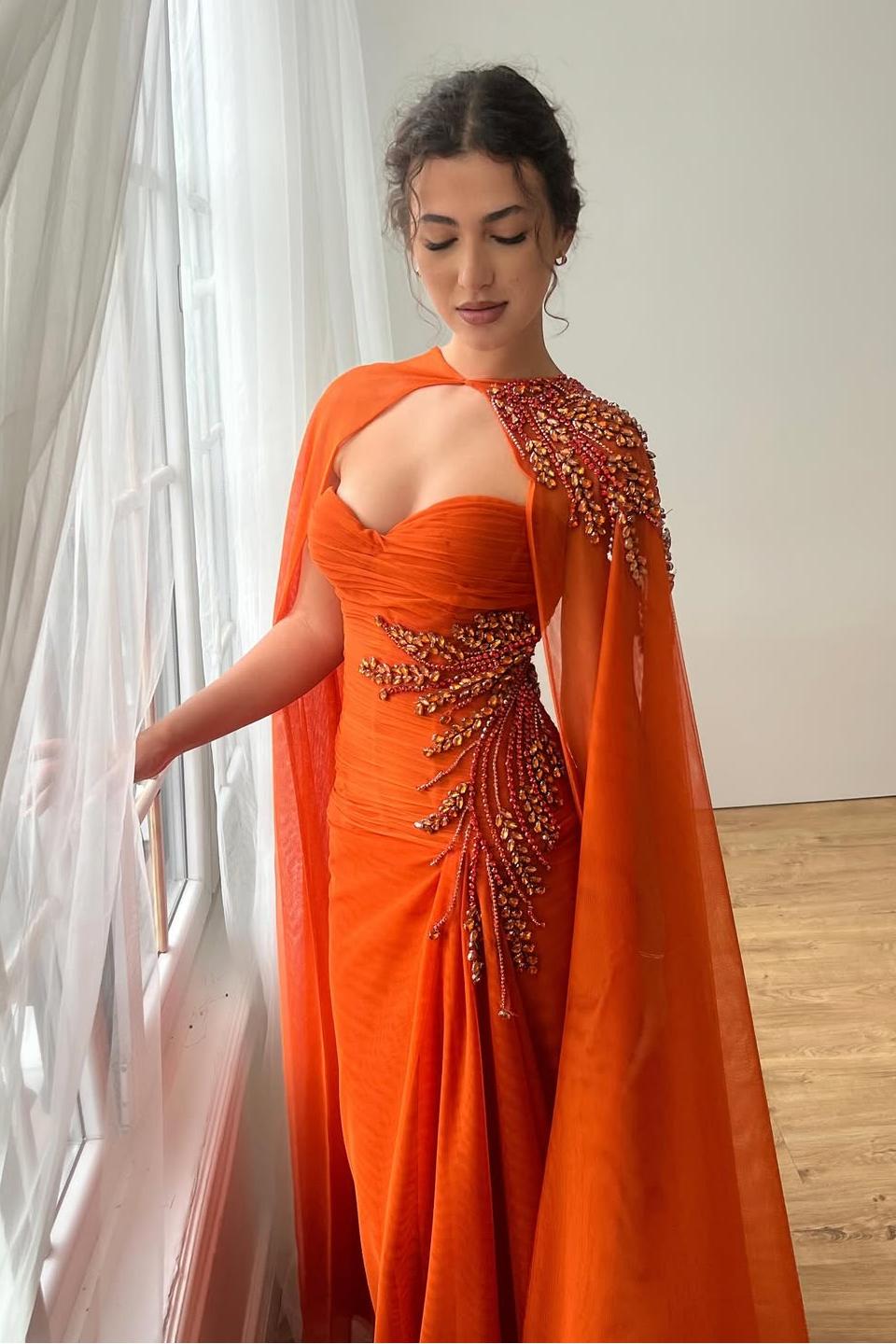 Orange Sheath/Column Prom Dress Sweetheart Beaded Formal Dress