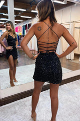 Orange Spaghetti Straps Sheath Sequin Short Homecoming Dress