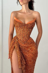 Orange Strapless Sequin Prom Dress With Corset And Slit Formal Evening Gown