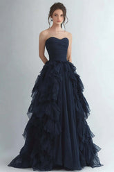 Organza Navy Wedding Guest Dress Strapless A Line Formal Dress With Ruffles