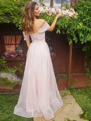 Pale Pink Off the Shoulder Evening Dress