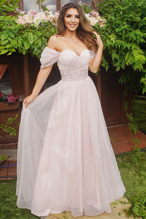 Pale Pink Off the Shoulder Evening Dress