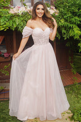 Pale Pink Off the Shoulder Evening Dress