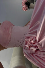 Pale Pink Satin Strapless Homecoming Dress With Rhinestone 3D Flower And High Slit Formal Evening Gown