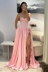 Pale Pink Satin Strapless Homecoming Dress With Rhinestone 3D Flower And High Slit Formal Evening Gown
