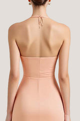Peach Formal Dress Sheath Chiffon Deep V-Neck Ruched Long Wedding Guest Dress
