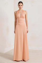 Peach Formal Dress Sheath Chiffon Deep V-Neck Ruched Long Wedding Guest Dress