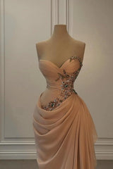 Peach Strapless Sweetheart Satin Chiffon Sleeveless Formal Dress With Beads