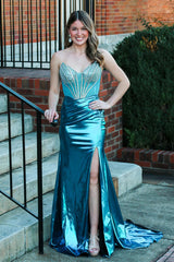 Peacock Blue Prom Dress Corset Sweetheart Long Formal Dress With Slit