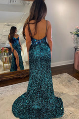 Peacock Blue Prom Dress Mirror Long Sequined Evening Dress with Slit