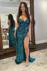 Peacock Blue Prom Dress Mirror Long Sequined Evening Dress with Slit