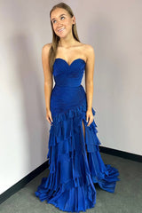 Peacock Blue Prom Dress Ruffled Sweetheart Formal Dress With Slit