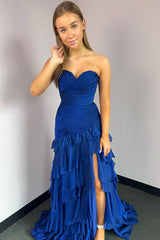Peacock Blue Prom Dress Ruffled Sweetheart Formal Dress With Slit