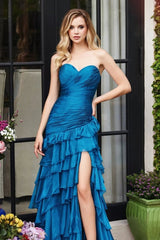 Peacock Blue Prom Dress Ruffled Sweetheart Formal Dress With Slit