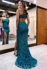 Peacock Blue Prom Dress Sequined Mermaid One Shoulder Long Evening Dress with Slit