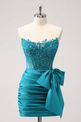 Peacock Homecoming Dress Tight Strapless Beaded Short Cocktail Dresses with Bow