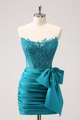 Peacock Tight Strapless Beaded Short Prom Dress with Bow