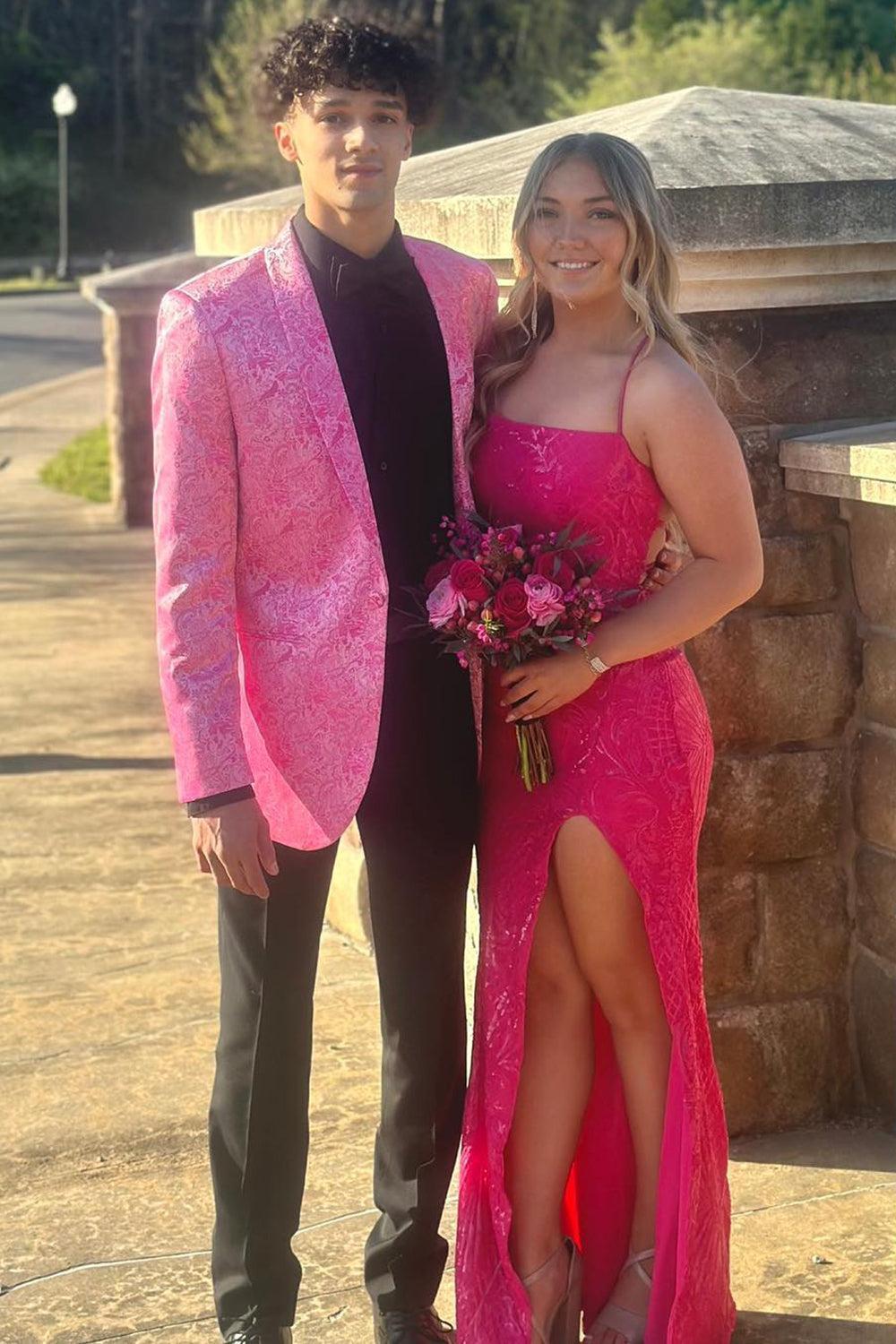 Pink 2-Piece Shawl Lapel Jacquard Men's Prom Suit Blazer Pants