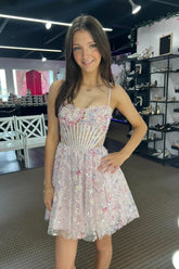 Pink A Line Homecoming Dresses Floral Short Corset Cocktail Dresses