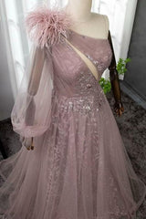 Pink A Line Prom Dress Long Sleeve One Shoulder Formal Dress With Lace Appliques