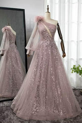 Pink A Line Prom Dress Long Sleeve One Shoulder Formal Dress With Lace Appliques