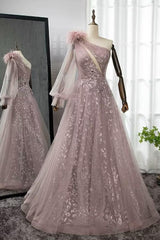 Pink A Line Prom Dress Long Sleeve One Shoulder Formal Dress With Lace Appliques