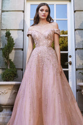 Pink A Line Prom Dress Off the Shoulder Beaded Formal Dress