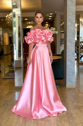 Pink A Line Prom Dress Off the Shoulder Ruffled Satin Formal Dress
