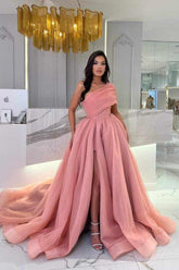 Pink A Line Prom Dress One Shoulder Formal Dress