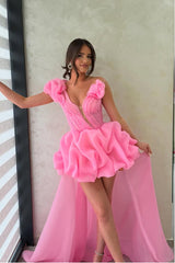 Pink A Line Prom Dress One Shoulder Ruffled Organza High Low Formal Dress