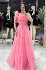 Pink A Line Prom Dress Short Sleeve One Shoulder Formal Dress