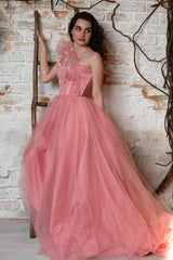 Pink A Line Prom Dress Sleeveless One Shoulder Formal Dress With 3D Flowers