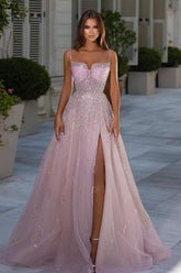 Pink A Line Prom Dress Sleeveless Spaghetti Straps Beaded Formal Dress