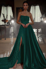 Pink A Line Prom Dress Sleeveless Strapless Satin Sequined Formal Dress
