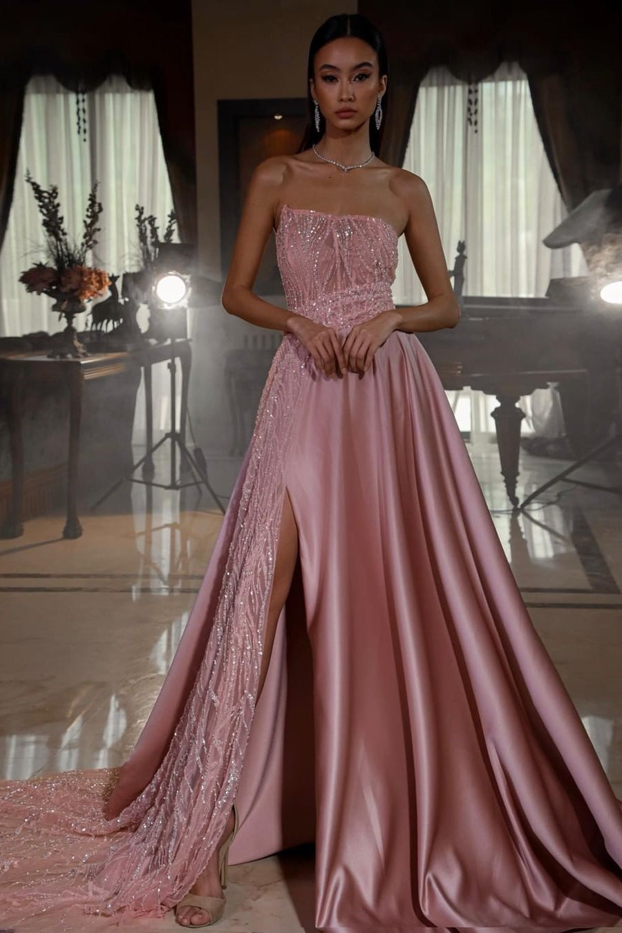 Pink A Line Prom Dress Sleeveless Strapless Satin Sequined Formal Dress