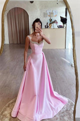 Pink A Line Prom Dress Sleeveless Straps Beaded Formal Dress