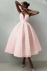 Pink A Line Prom Dress Sleeveless Sweetheart Tea Length Formal Dress With Lace Appliques