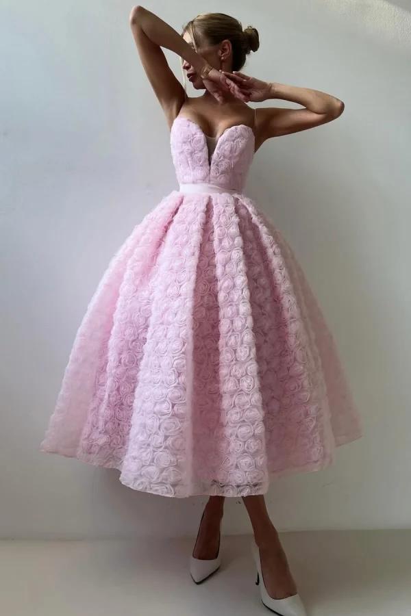 Pink A Line Prom Dress Sleeveless Sweetheart Tea Length Formal Dress With Lace Appliques