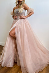 Pink A-Line Strapless Corset Beaded Prom Dress