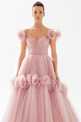 Pink Ball Gown Prom Dress Off the Shoulder Formal Dress With 3D Flowers