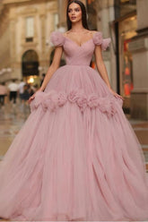 Pink Ball Gown Prom Dress Off the Shoulder Formal Dress With 3D Flowers