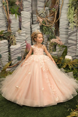 Pink Ball Gown Tulle Princess Flower Girl Dress with Lace Appliques