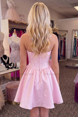 Pink Beaded Strapless A Line Short Corset Homecoming Dress with Bow