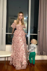 Pink Blue Prom Dress Flower Floral Off the Shoulder Long Evening Dress