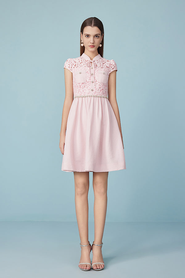 Pink Cap Sleeve A Line Lace Casual Summer Dress