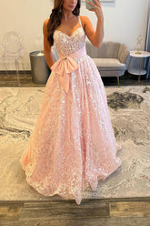 Pink Corset Prom Dress A Line Lace Long Formal Dress With Bow